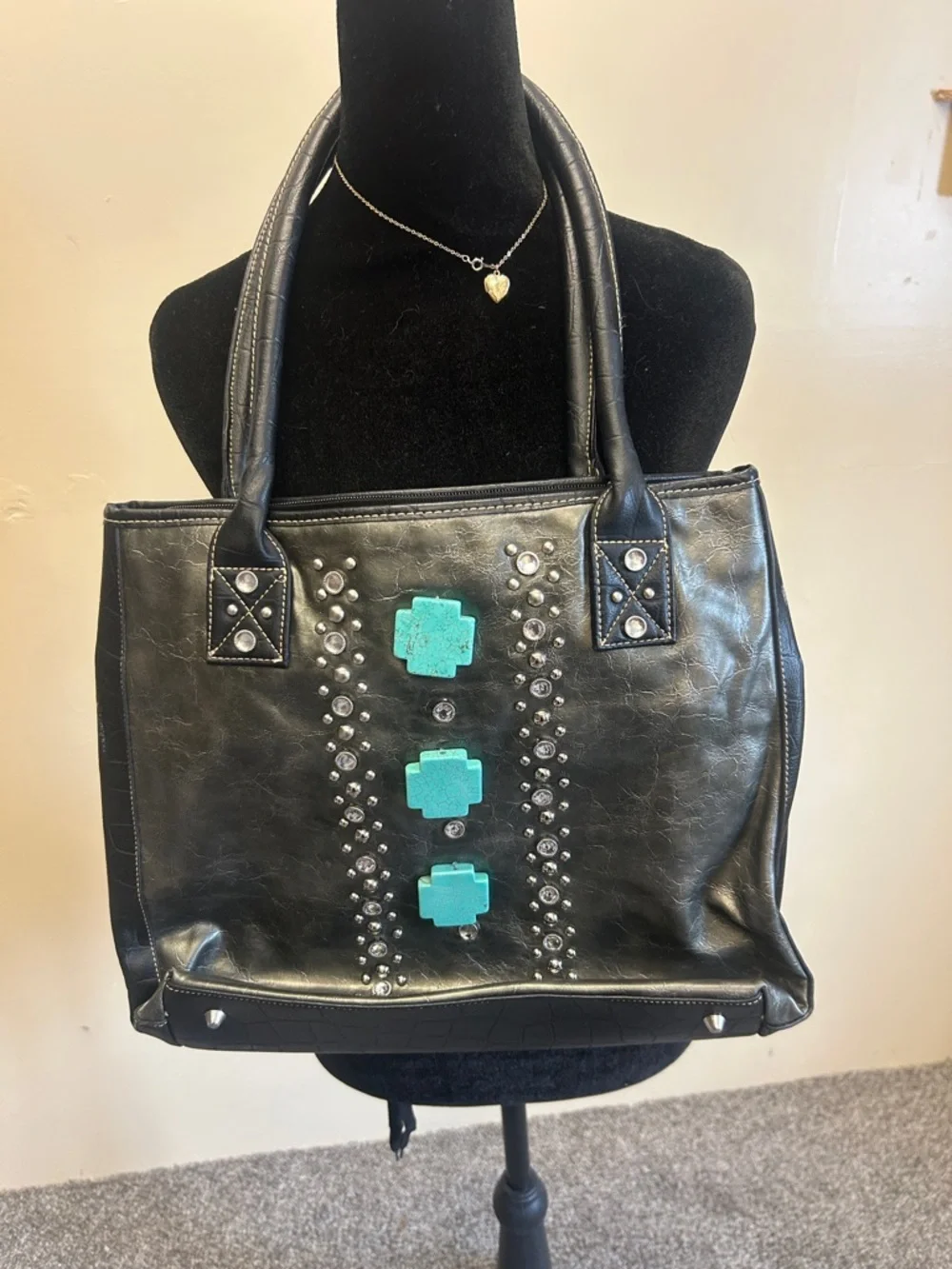 Vintage Country Road metallic green Shoulder Bag with Turquoise cross Accents
